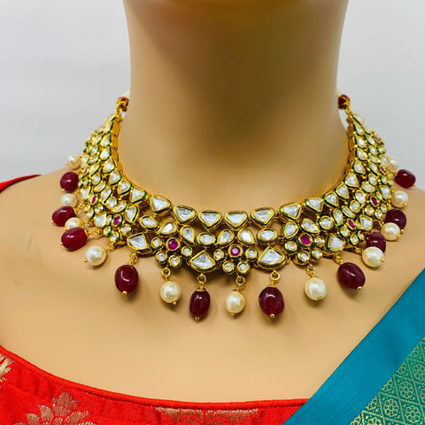 Designer Gold Plated Royal Kundan & Ruby Necklace with Earrings (D434)