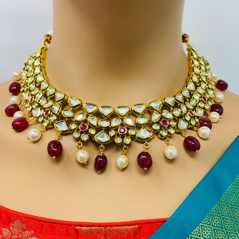 Designer Gold Plated Royal Kundan & Ruby Necklace with Earrings (D434)