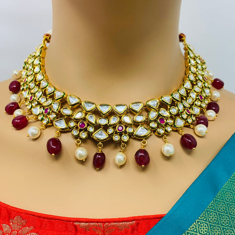 Designer Gold Plated Royal Kundan & Ruby Necklace with Earrings (D434)