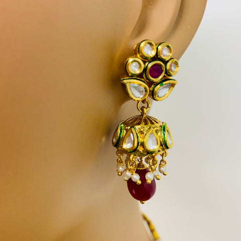 Designer Gold Plated Royal Kundan & Ruby Necklace with Earrings (D434)