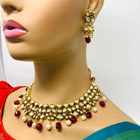 Designer Gold Plated Royal Kundan & Ruby Necklace with Earrings (D434)