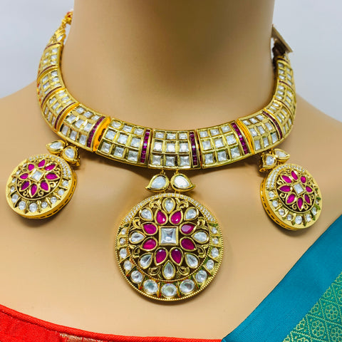 Bridal Designer Gold Plated Royal Kundan & Ruby Necklace with Earrings (D299)