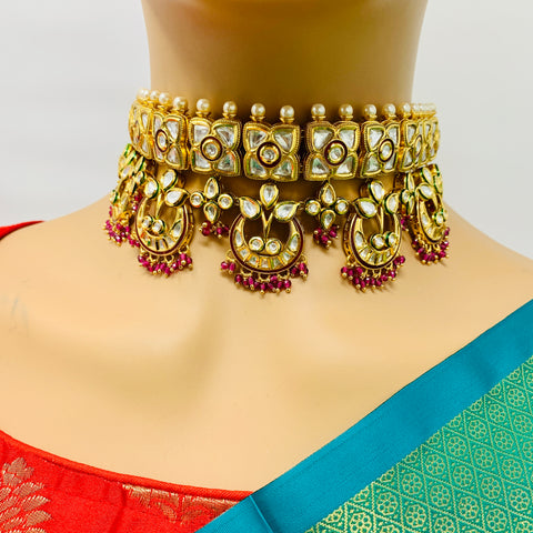 Designer Gold Plated Royal Kundan & Red Beads Choker Style Necklace with Earrings (D445)