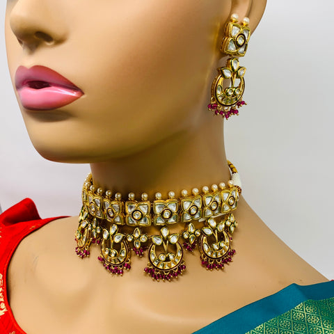 Designer Gold Plated Royal Kundan & Red Beads Choker Style Necklace with Earrings (D445)