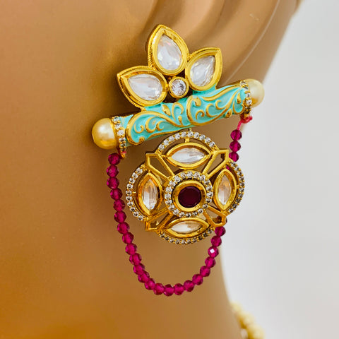 Designer White Kundan & Ruby Long Necklace with Earrings (D184)