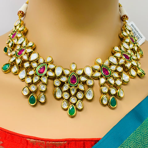 Designer Gold Plated Royal Kundan, Emerald & Ruby Necklace with Earrings (D388)