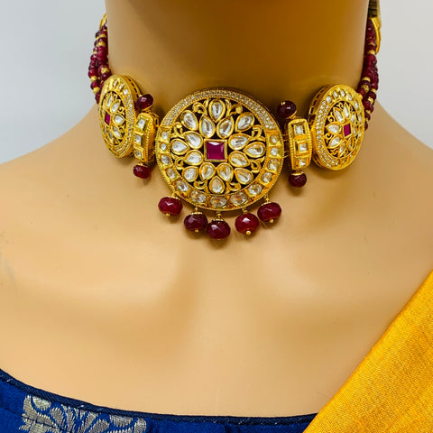 Designer Gold Plated Royal Kundan Beaded Choker Style Necklace with Earrings (D412)