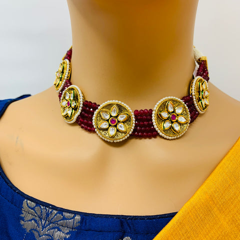 Designer Gold Plated Royal Kundan & Ruby Choker Style Necklace with Earrings (D501)