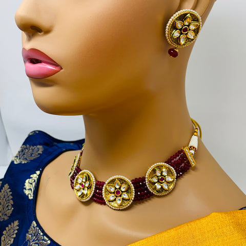 Designer Gold Plated Royal Kundan & Ruby Choker Style Necklace with Earrings (D501)