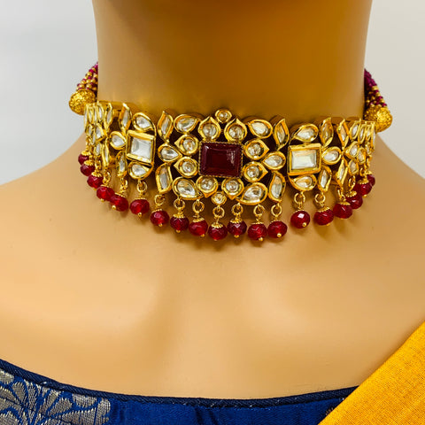Designer Gold Plated Royal Kundan & Ruby Necklace with Earrings (D357)