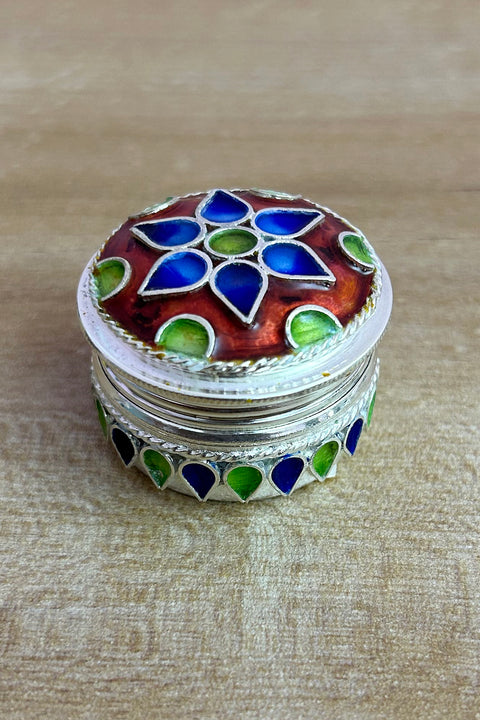 925 Silver Kumkum Box with Meena Work (Design 61)