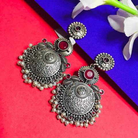 Oxidized Beaded Stone & Polki Work Earrings in German Silver