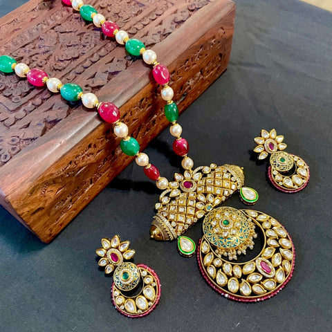 Designer Gold Plated Royal Kundan Pendant with Beaded Chain Set (D243)
