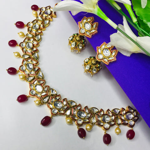 Designer Gold Plated Royal Kundan & Ruby Necklace with Earrings (D723)