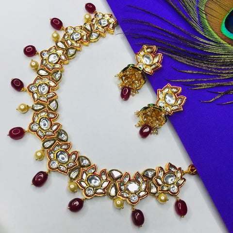 Designer Gold Plated Royal Kundan & Ruby Necklace with Earrings (D723)