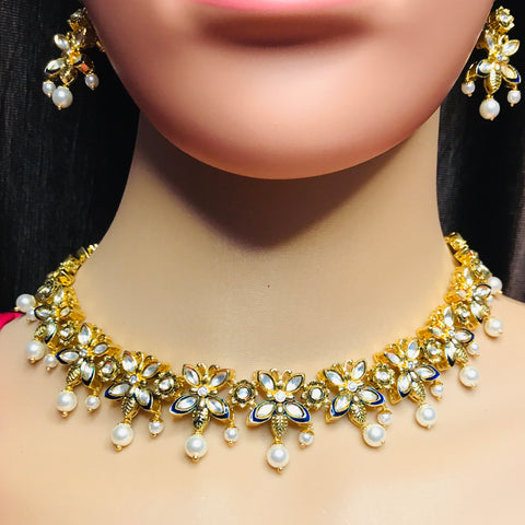 Designer Gold Plated Royal Kundan Necklace with Earrings (D732)