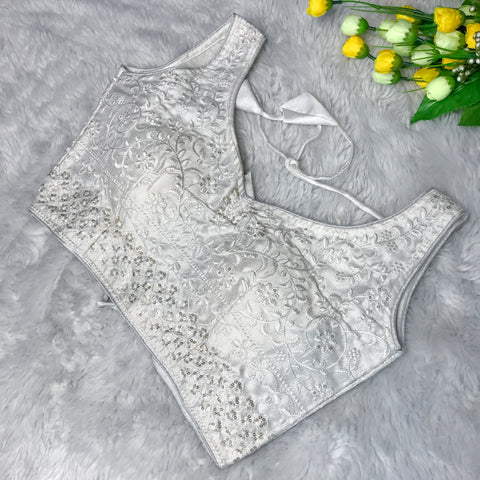 White Coloured Phantom Silk Two Tone Embroidery & Sequence Work Designer Sleeveless Ready made Blouse For Wedding & Party Wear For Women (D1459)