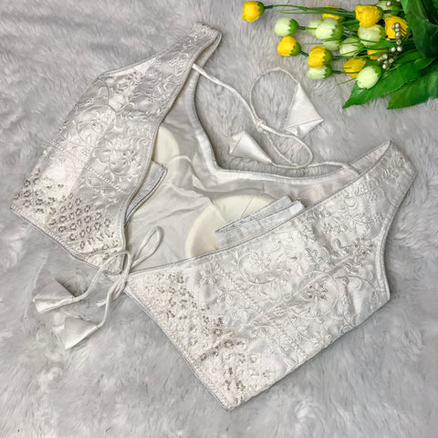White Coloured Phantom Silk Two Tone Embroidery & Sequence Work Designer Sleeveless Ready made Blouse For Wedding & Party Wear For Women (D1459)