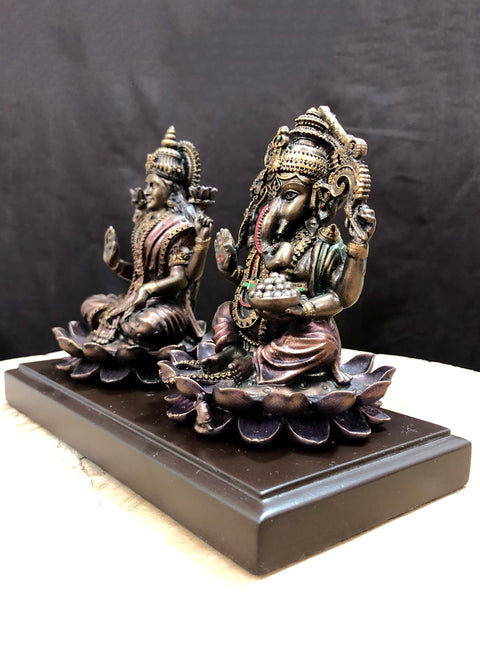 Laxmi GaneshIdol On Wooden Base Murti Statue Polyresin Lakshmi Ganesha Decorative Showpiece For Home Puja Pooja Mandir (D42)
