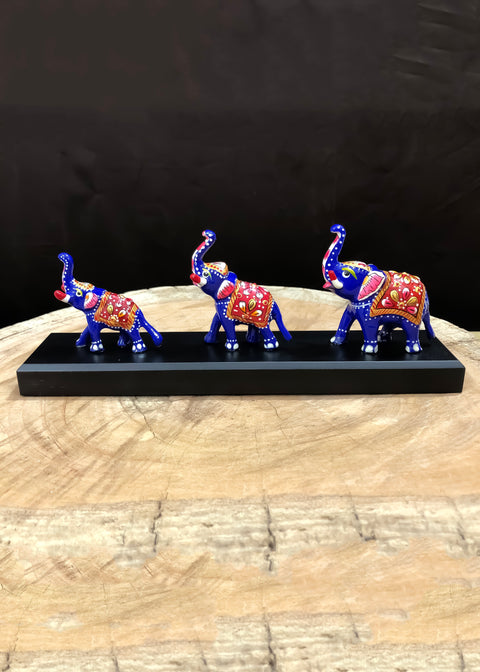 Metal Antique Handcrafte Meenakari Work Hand-Painted Elephant Showpiece For Table Decor Office Desk Set Of 3 (D40)