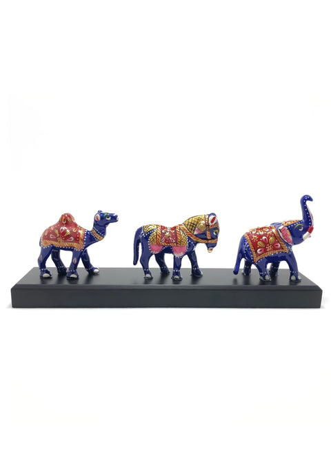 Metal Antique Handcrafted Meenakari Work Hand-Painted Horse, Elephant & Camel Showpiece For Table Decor Office Desk Set Of 3 (D49)