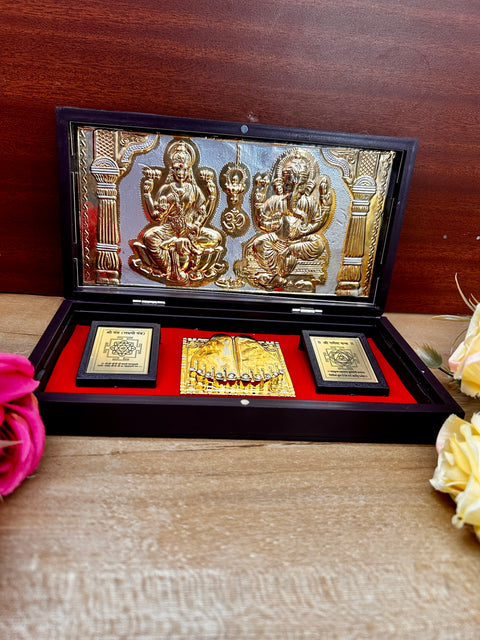 Gold Foil Shree Laxmi Ganeshaye Namha with Charan Paduka with Acrylic Box Pack Of 1 Color Brown Devotional Prayer Box Footprint