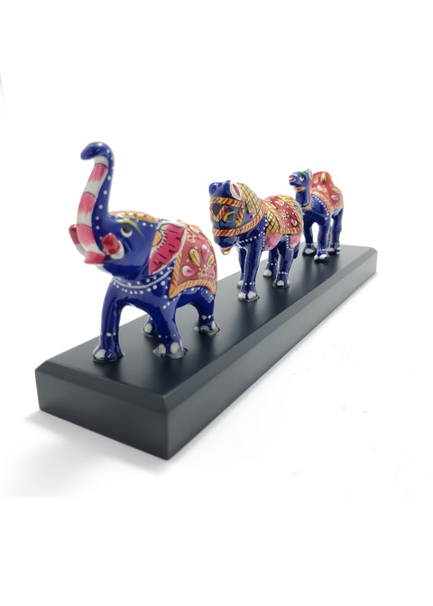 Metal Antique Handcrafted Meenakari Work Hand-Painted Horse, Elephant & Camel Showpiece For Table Decor Office Desk Set Of 3 (D49)