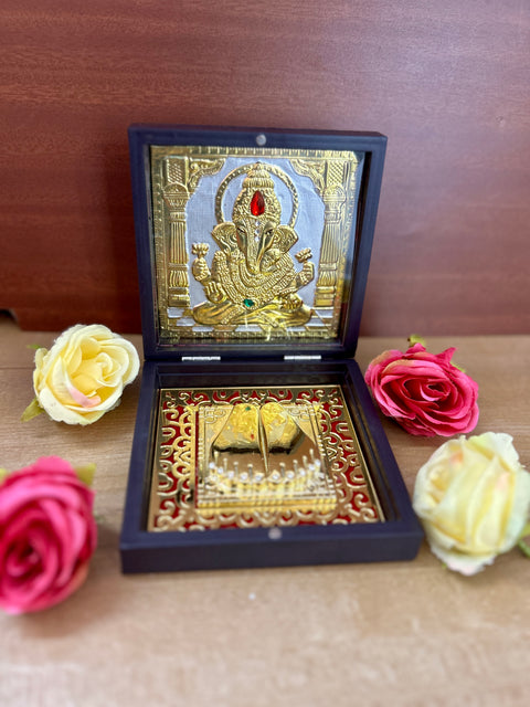 Shree Ganeshay Namah Charan  Paduka with Acrylic Box Pack Of 1 Color Brown Devotional Prayer Box Footprint