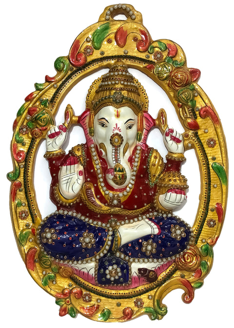 Metal Hand Painted Lord Ganesha Wall Hanging Statue Ganesh Idol For Home Hall Living- Room Office Entrance Wall Decor For Gift (D60)