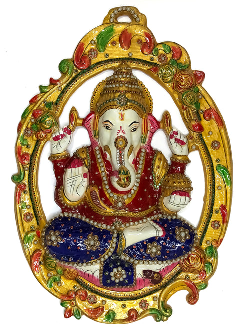 Metal Hand Painted Lord Ganesha Wall Hanging Statue Ganesh Idol For Home Hall Living- Room Office Entrance Wall Decor For Gift (D60)
