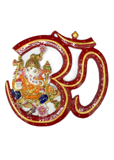 Wall Hanging Om Ganesh Red & Orange Metal Painted Wall Decor Article for Home (D61)