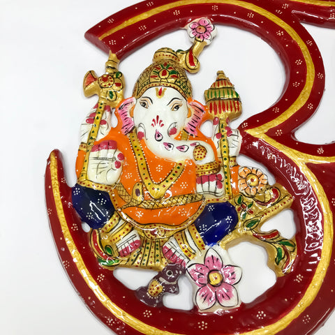 Wall Hanging Om Ganesh Red & Orange Metal Painted Wall Decor Article for Home (D61)