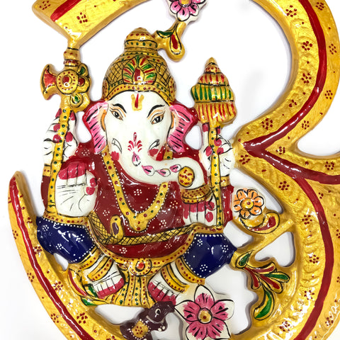 Wall Hanging Om Ganesh Yellow & Red Metal Painted Wall Decor Article for Home (D64)