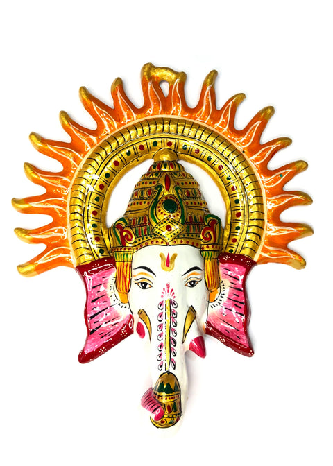Metal Multicolor Vastu Ganesha Mask with Surya Wall Hanging Religious Wall Decer Puja Room Decor Colorful Decorative Showpiece (D68)
