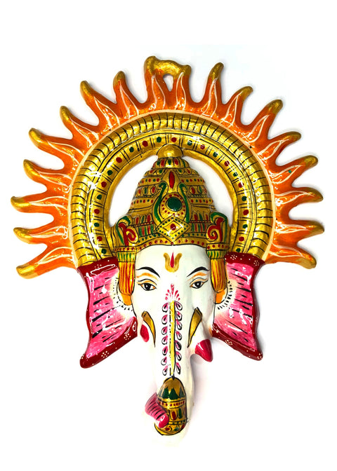 Metal Multicolor Vastu Ganesha Mask with Surya Wall Hanging Religious Wall Decer Puja Room Decor Colorful Decorative Showpiece (D68)