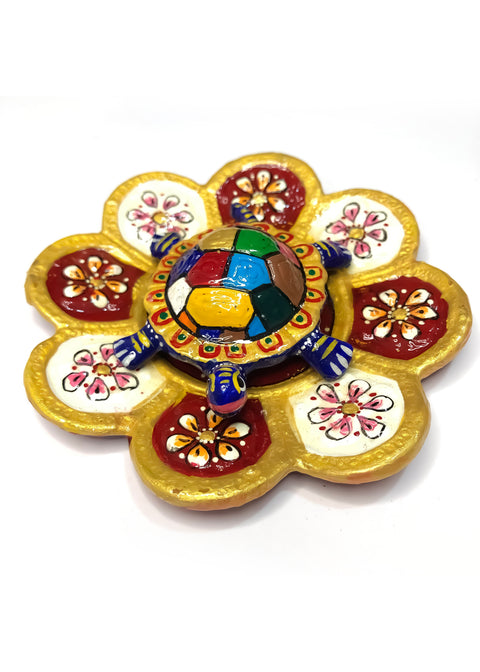 Metal Feng Shui Tortoise On Plate Handmade Showpiece for Good Luck Decorative Showpiece Colorful Tortoise (D69)