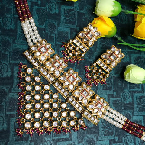 Designer Gold Plated Royal Kundan & Ruby Necklace With Earrings (D745)