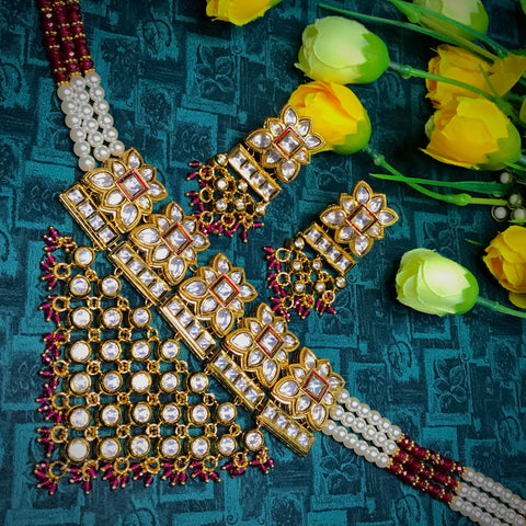 Designer Gold Plated Royal Kundan & Ruby Necklace With Earrings (D745)