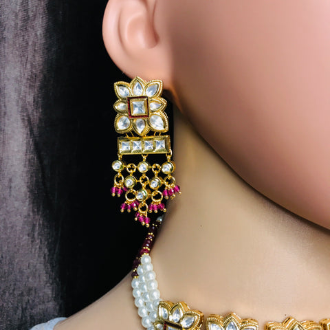 Designer Gold Plated Royal Kundan & Ruby Necklace With Earrings (D745)