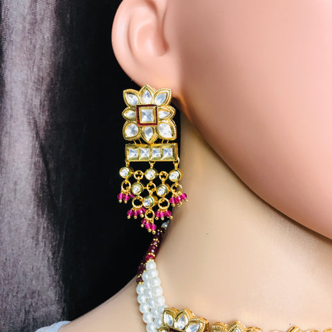 Designer Gold Plated Royal Kundan & Ruby Necklace With Earrings (D745)