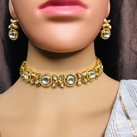 Designer Gold Plated Royal Kundan Necklace With Earrings (D744)