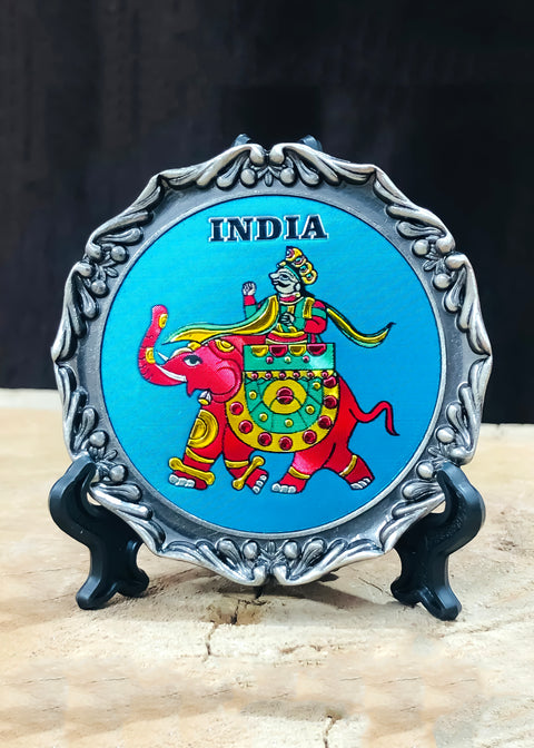 Fridge Magnet King Sitting On Elephant India Written On Upper Side Come with Stand Magnet Cum Decorative Plate (D71)
