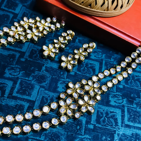 Designer Gold Plated Royal Kundan Long Necklace with Earrings (D740)
