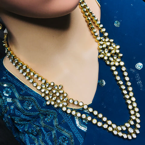 Designer Gold Plated Royal Kundan Long Necklace with Earrings (D740)