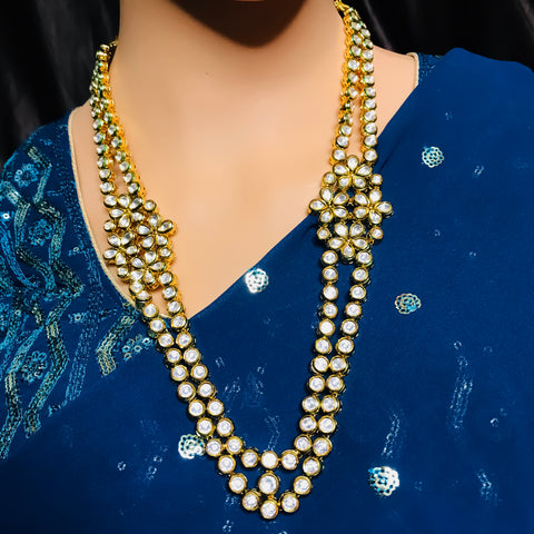 Designer Gold Plated Royal Kundan Long Necklace with Earrings (D740)