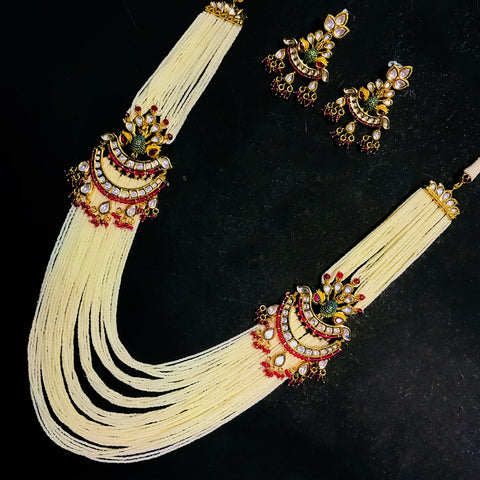 Designer Gold Plated Royal Kundan & White Beads Long Necklace with Earrings