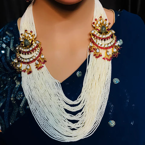Designer Gold Plated Royal Kundan & White Beads Long Necklace with Earrings