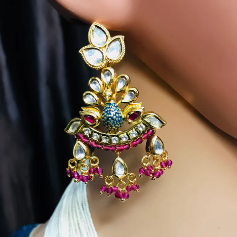 Designer Gold Plated Royal Kundan & White Beads Long Necklace with Earrings