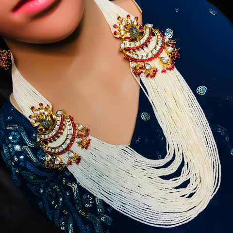 Designer Gold Plated Royal Kundan & White Beads Long Necklace with Earrings