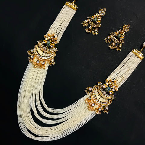 Designer Gold Plated Royal Kundan & White Beads Long Necklace with Earrings